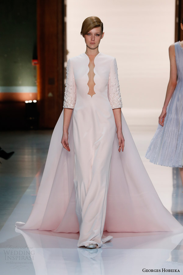 georges hobeika couture spring 2014 three quarter sleeves scalloped neckline train