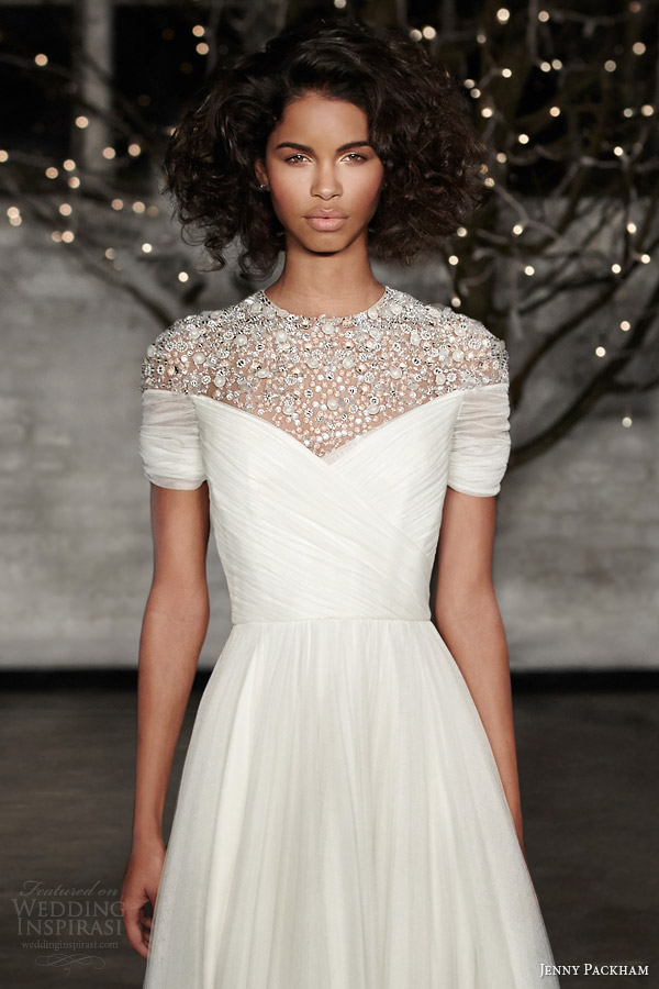 jenny packham bridal 2014 gemma tea length illusion neckline wedding dress close up