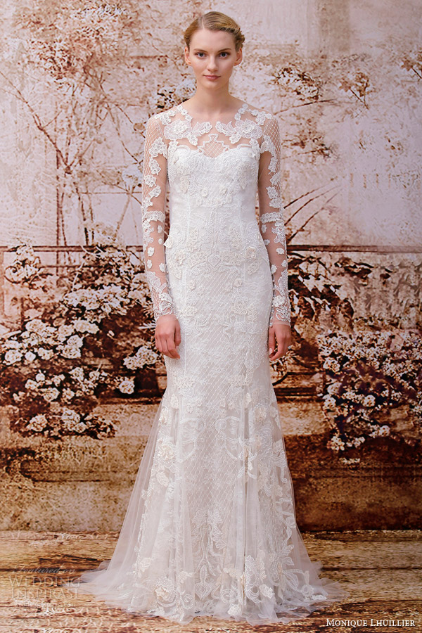 monique lhuillier bridal fall 2014 heirloom wedding dress long illusion sleeves