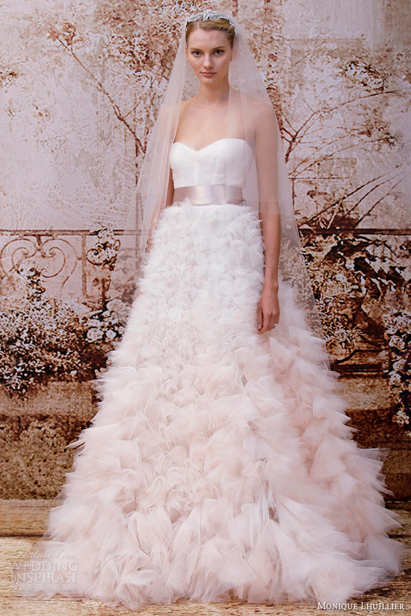 monique lhuillier color wedding dress fall 2014 reese ombre rose strapless wedding dress