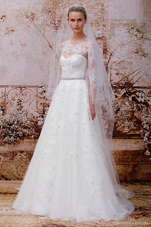 monique lhuillier fall 2014 bridal portrait illusion long sleeves wedding dress