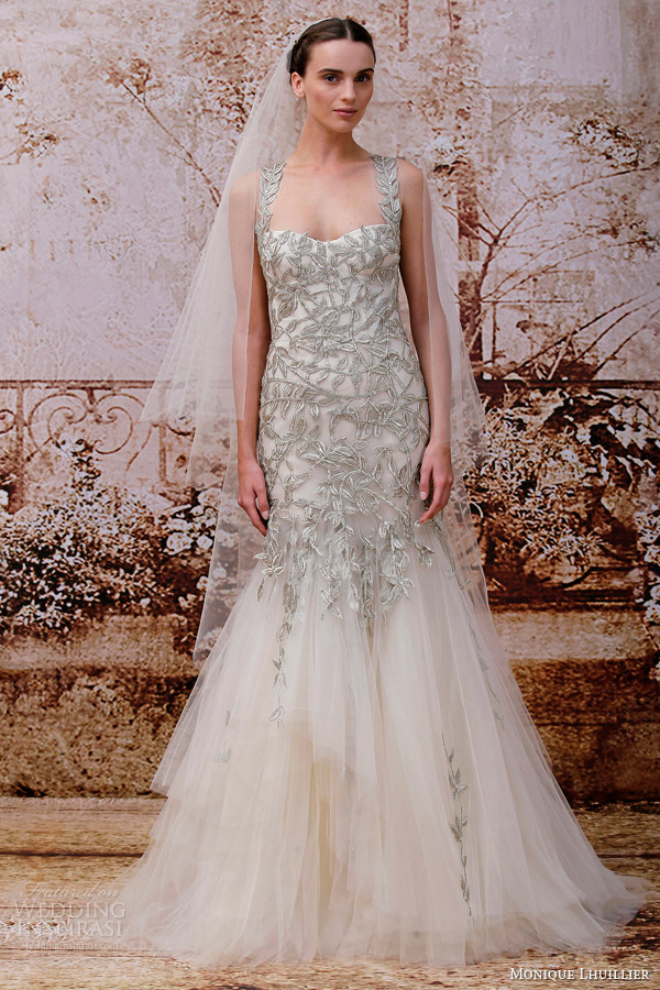 monique lhuillier fall 2014 willow gold embroidered tulle halter trumpet wedding dress