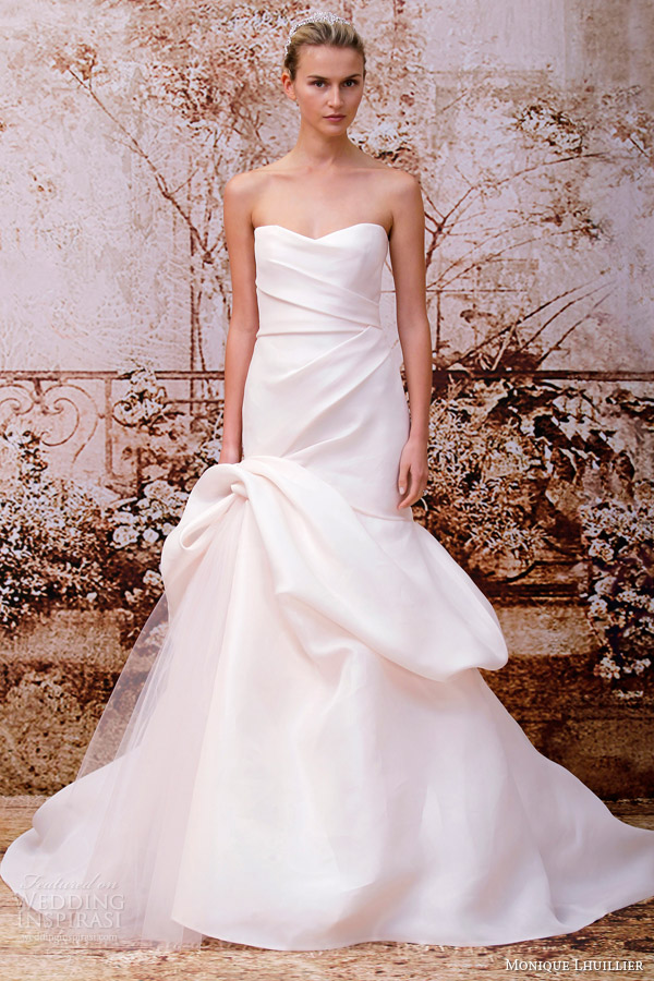 monique lhuillier pink wedding dress fall 2014 madison silk gazar strapless gown tufted skirt