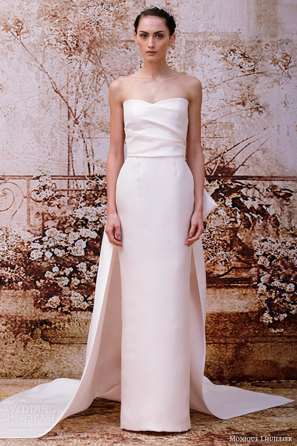 monique lhuillier pink wedding dress fall 2014 portia strapless column gown