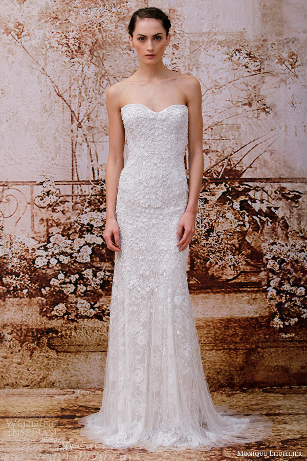 monique lhuillier wedding dresses fall 2014 gweneth strapless sheath embellished gown
