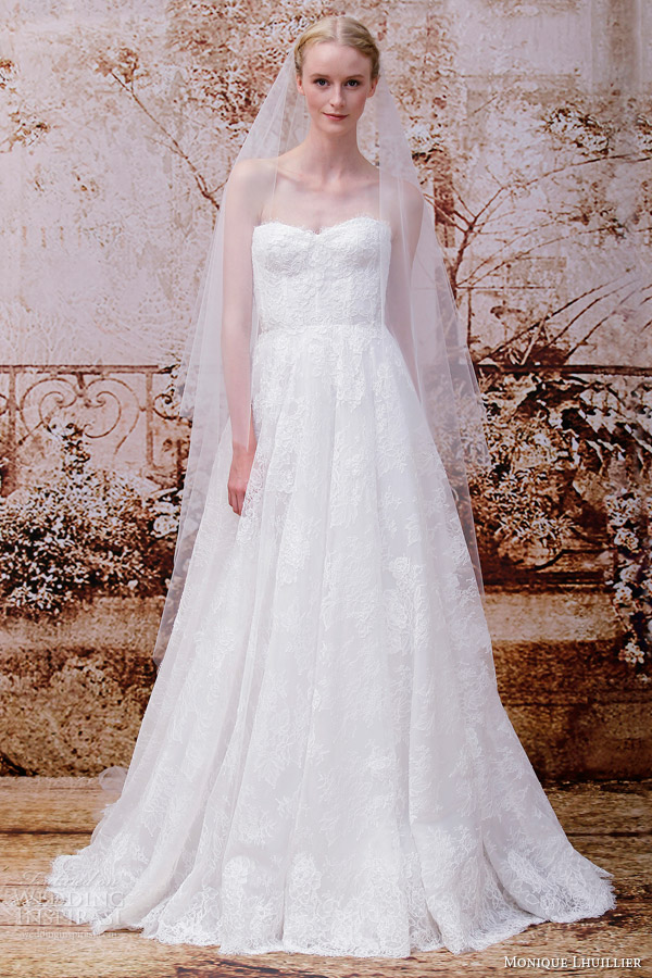 monique lhuillier wedding dresses fall 2014 kate strapless gown lace applique