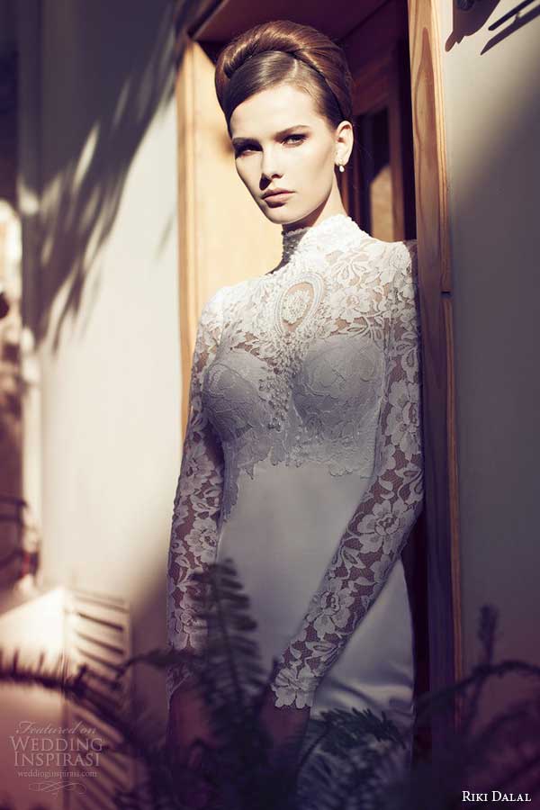 riki dalal 2014 long sleeve wedding dress with high neckline keyhole back close up