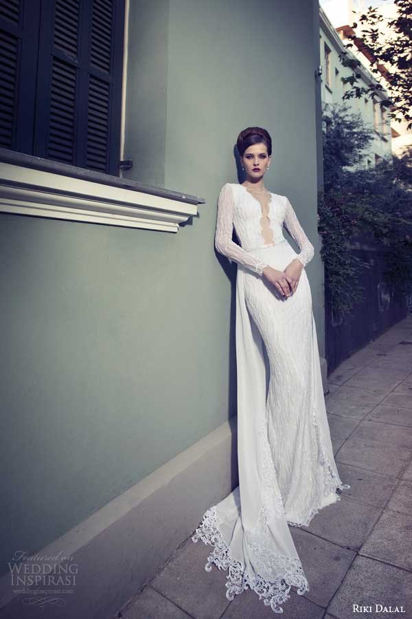 riki dalal bridal 2014 long sleeve sheath wedding with train