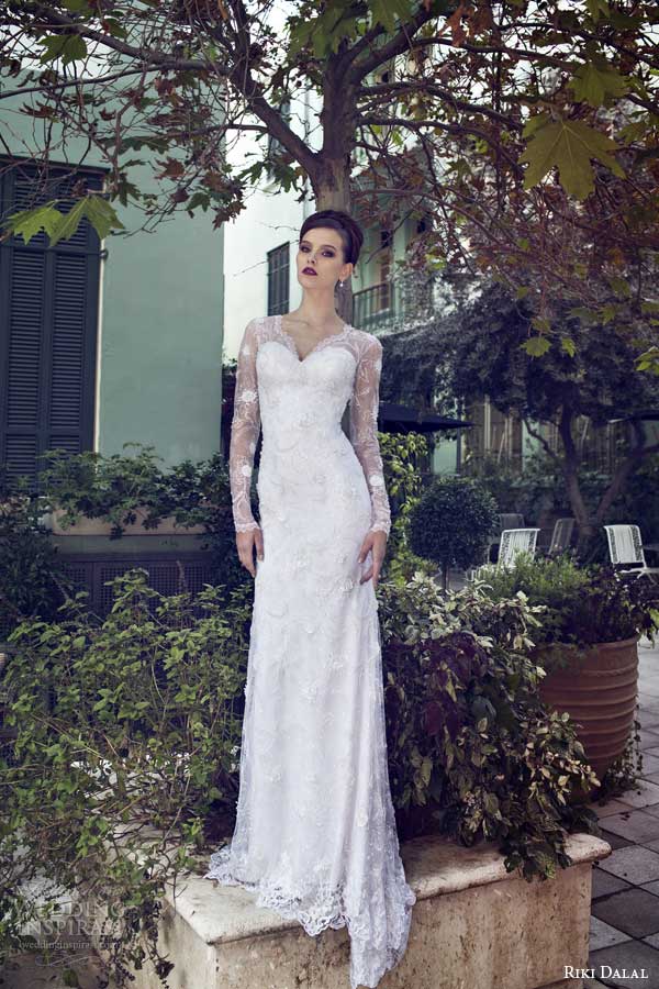 riki dalal bridal 2014 long sleeve weddingdress v neck full view