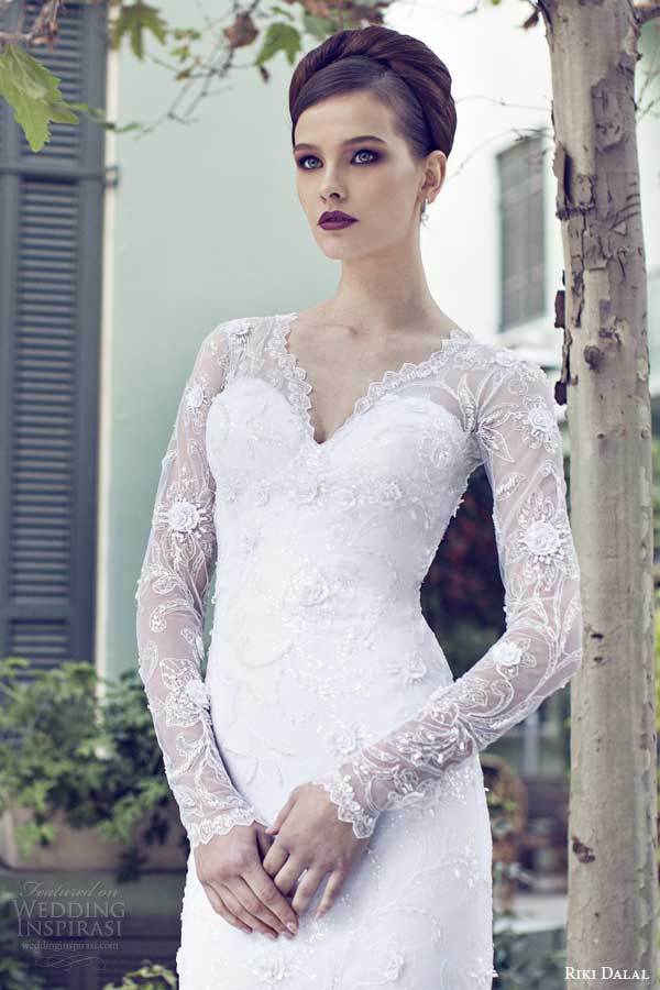 riki dalal bridal 2014 long sleeve weddingdress v neck