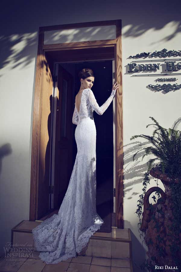 riki dalal wedding dresses 2014 long sleeve sheath gown back detail