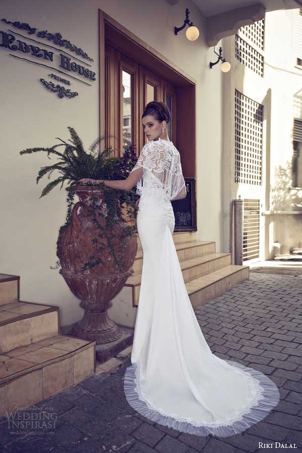 riki dalal wedding dresses 2014 sheath pearl fringe lace cape back view