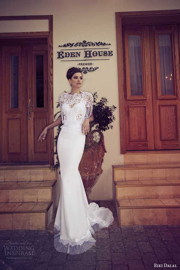riki dalal wedding dresses 2014 sheath pearl fringe lace cape