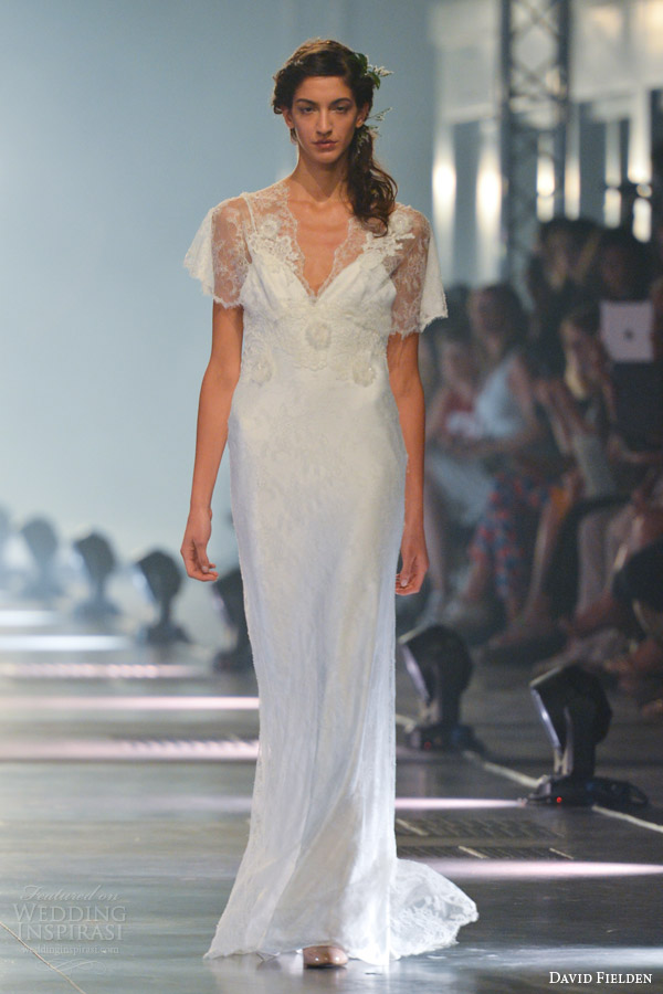 david fielden 2014 lace flutter sleeve wedding dress lace back detail style 8032