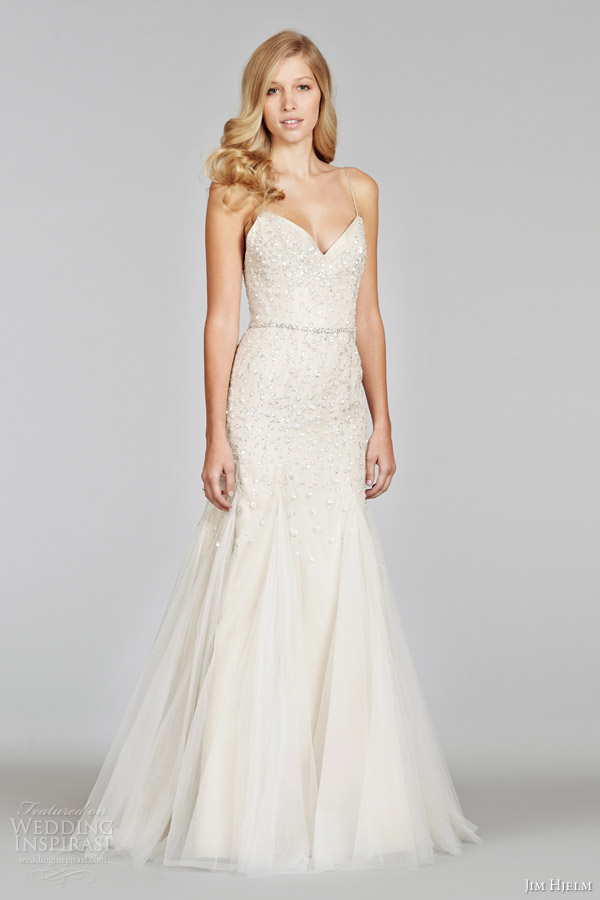 jim hjelm spring 2014 ivory over taupe wedding dress straps gored godet skirt style jh8400