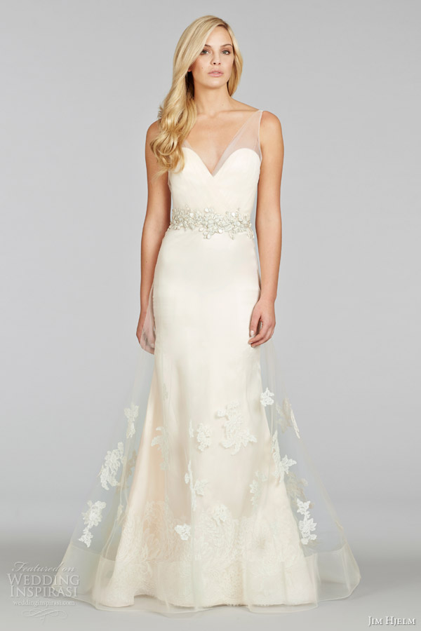 jim hjelm spring 2014 sleeveless wedding dress sheer draped tulle bodice straps style jh8413 front view