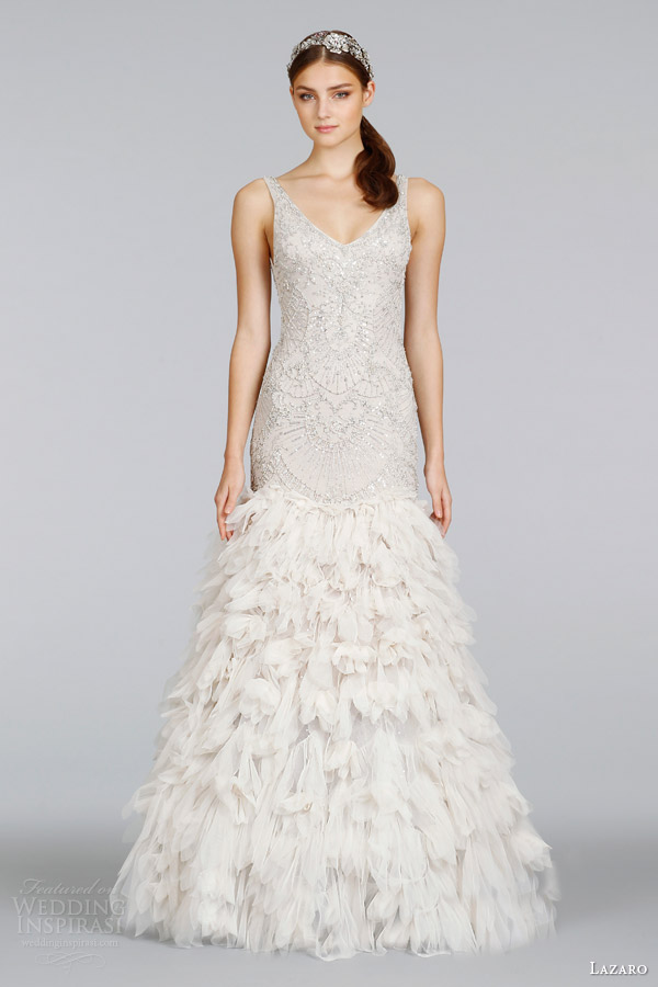 lazaro bridal spring 2014 champagne beaded art deco wedding dress with straps style lz 3406