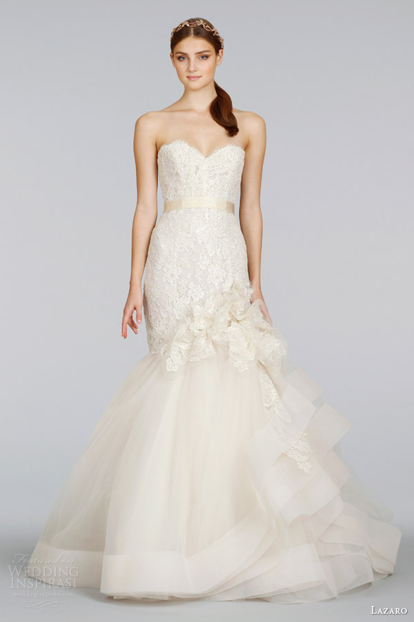 lazaro bridal spring 2014 strapless gold lace wedding dress style lz 3415