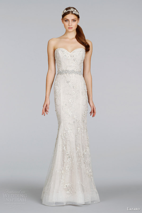 lazaro spring 2014 bridal champagne beaded embroidered strapless sheath gown style 3411