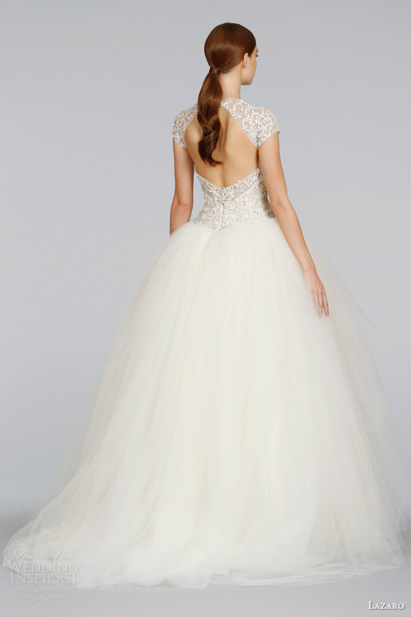 lazaro wedding dresses spring 2014 cap sleeve tulle ball gown style lz 3407 keyhole back sweep train