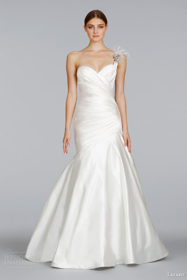 lazaro wedding dresses spring 2014 one shoulder fit flare gown style lz 3408 maria elena brooch with feather