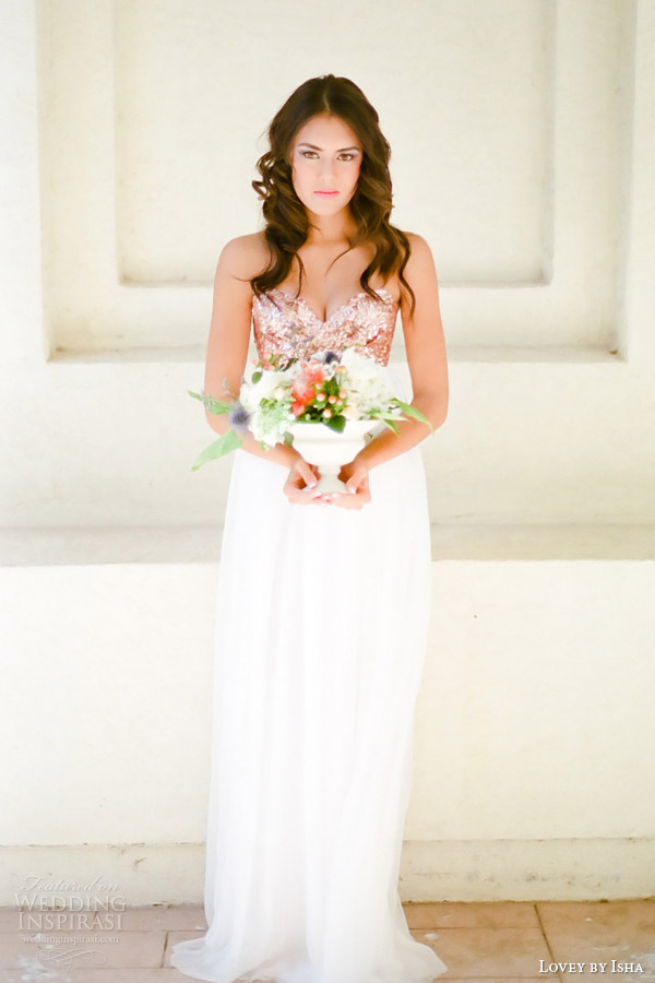 lovey by isha spring 2014 la jolla rose gold sequin empire wedding dress