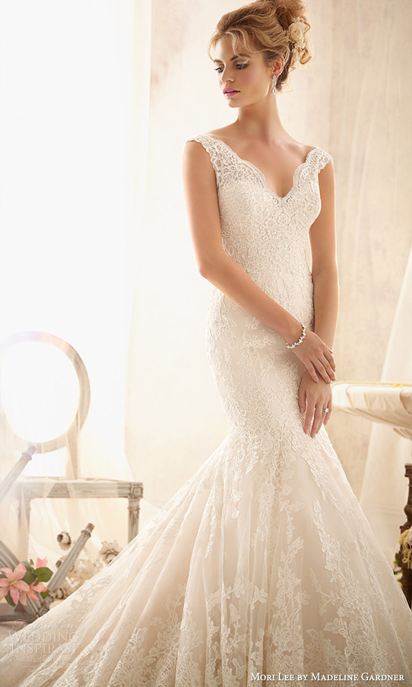 mori lee by madeline gardner 2014 lace wedding dress style 2605 scalloped neckline straps