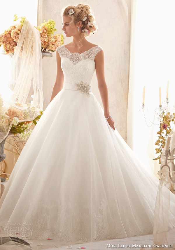 mori lee by madeline gardner wedding dresses 2014 cap sleeve gown wide lace hemline style 2607 