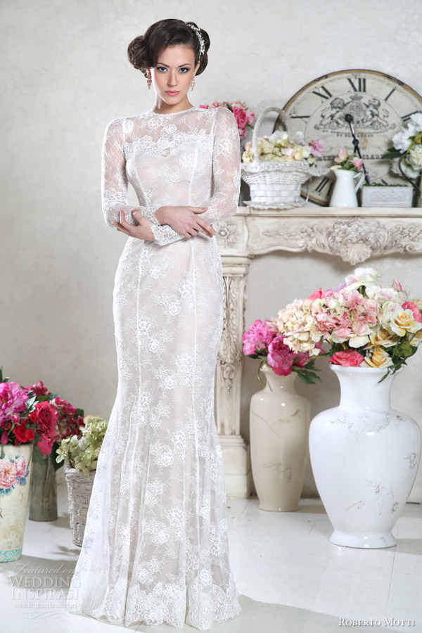 roberto motti bridal 2014 elizabet long sleeve lace wedding dress front high neckline