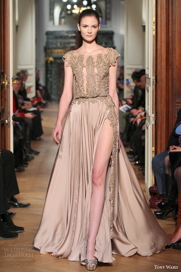 tony ward couture 2014 spring cap sleeve gown with slit skirt