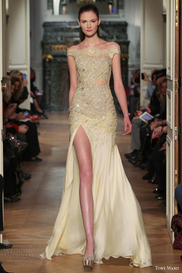 tony ward couture spring 2014 pale yellow gown off shoulder sleeves