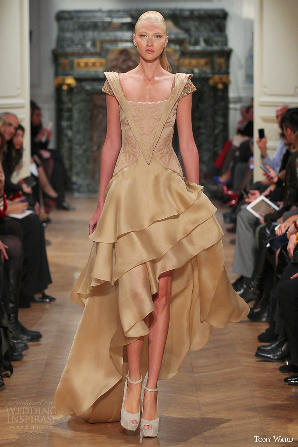 tony ward spring summer 2014 couture short sleeve gown asymmetric skirt