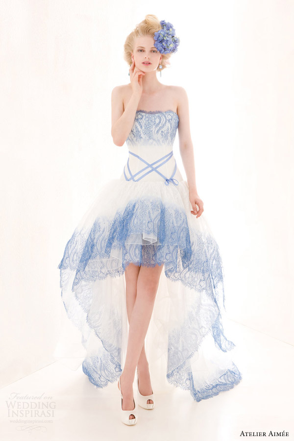 atelier aimee wedding dress 2014 paris light sky blue lace wedding dress mullet high low skirt
