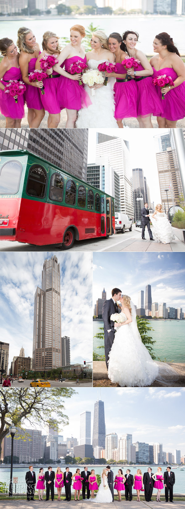 bride groom with fuschia hot pink bridesmaids in downtown chicago city wedding trolley