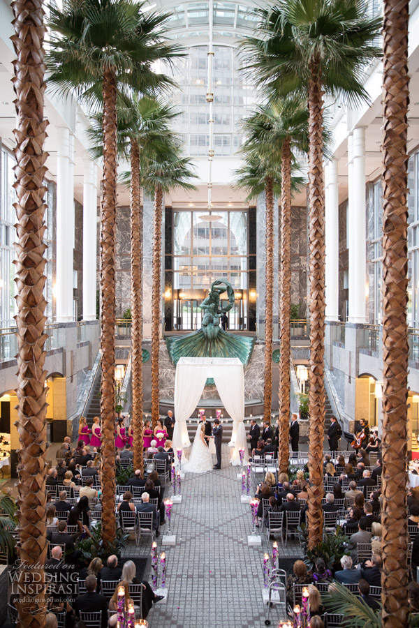 chicago big city fall wedding inspiration pink fuchsia palm trees indoor reception at Pazzos Chicago