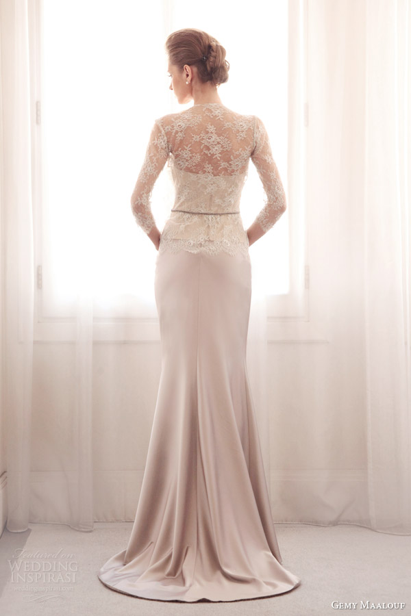 gemy maalouf 2014 bridal lace top 3604 sheath satin strapless dress 3042 back