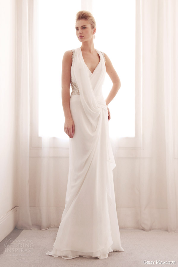 gemy maalouf bridal 2014 sleeveless draped grecian style wedding dress 3700