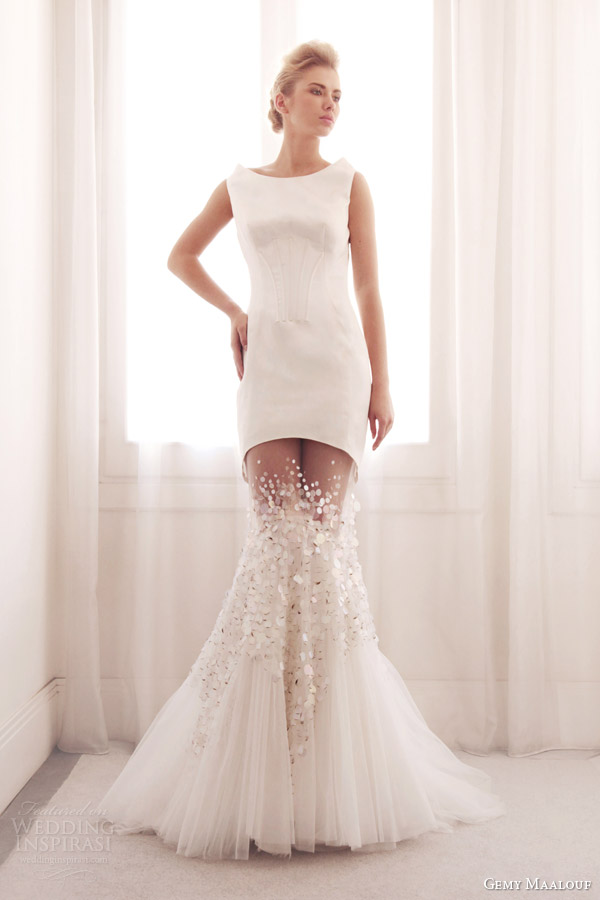 gemy maalouf bridal 2014 sleeveless mermaid wedding dress sheer skirt 3699