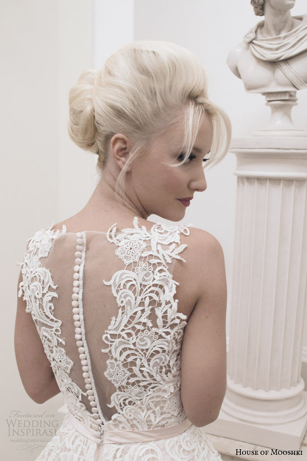 house of mooshki bridal autumn 2014 dara sleeveless blush tea length wedding dress close up back