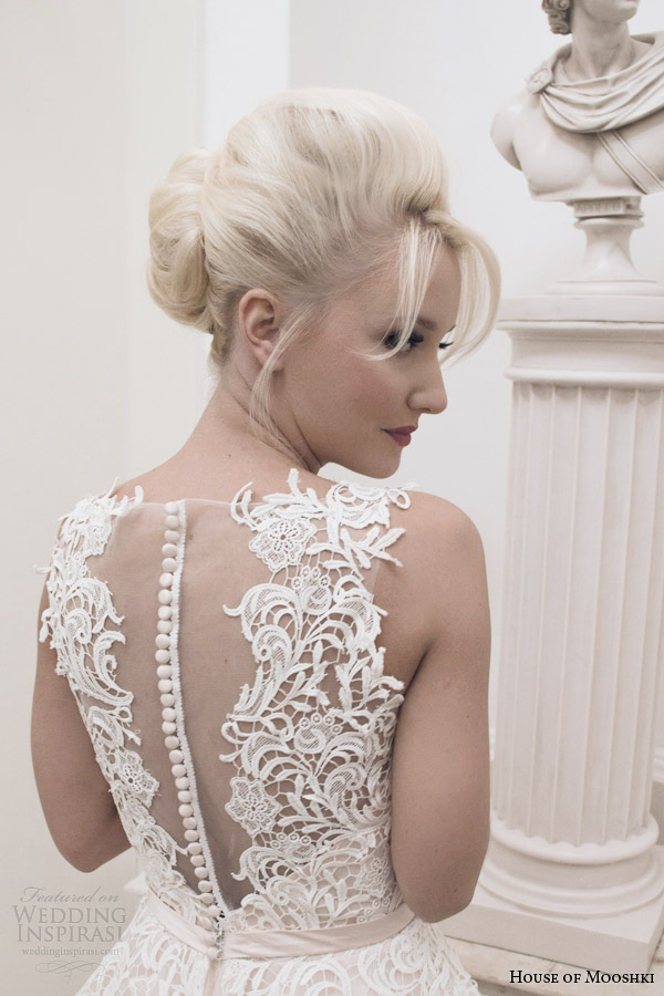 house of mooshki bridal autumn 2014 dara sleeveless blush tea length wedding dress close up back house of mooshki bridal autumn 2014 dara sleeveless blush tea length wedding dress close up back