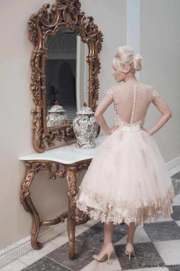 house of mooshki bridal fall 2014 evie champaagne tulle tea length wedding dress illusion back view