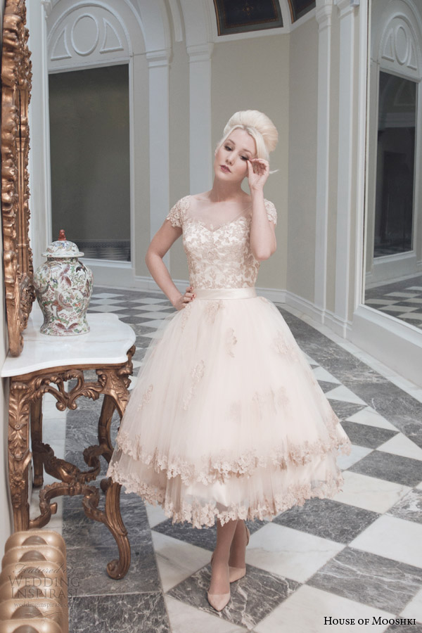 house of mooshki bridal fall 2014 evie champaagne tulle tea length wedding dress