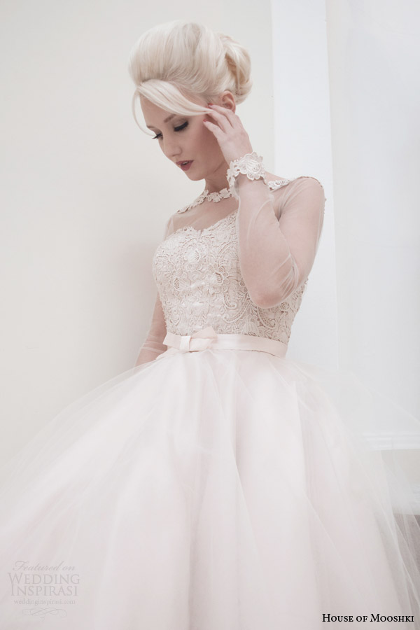 house of mooshki fall 2014 lily blush tea length wedding dress close up long sleeve bodice