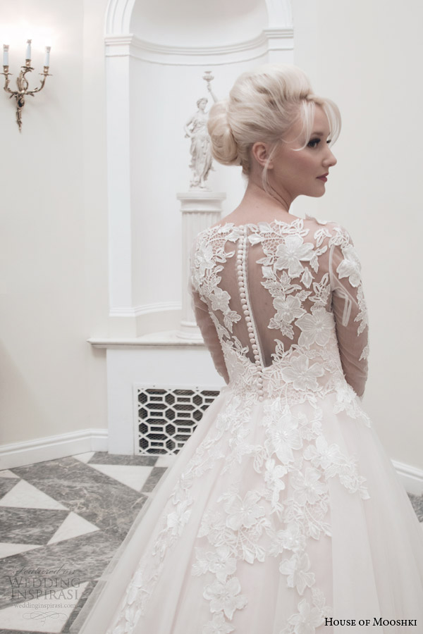 house of mooshki tea length wedding dress fall 2014 charlotte long sleeve gown illusion back close up