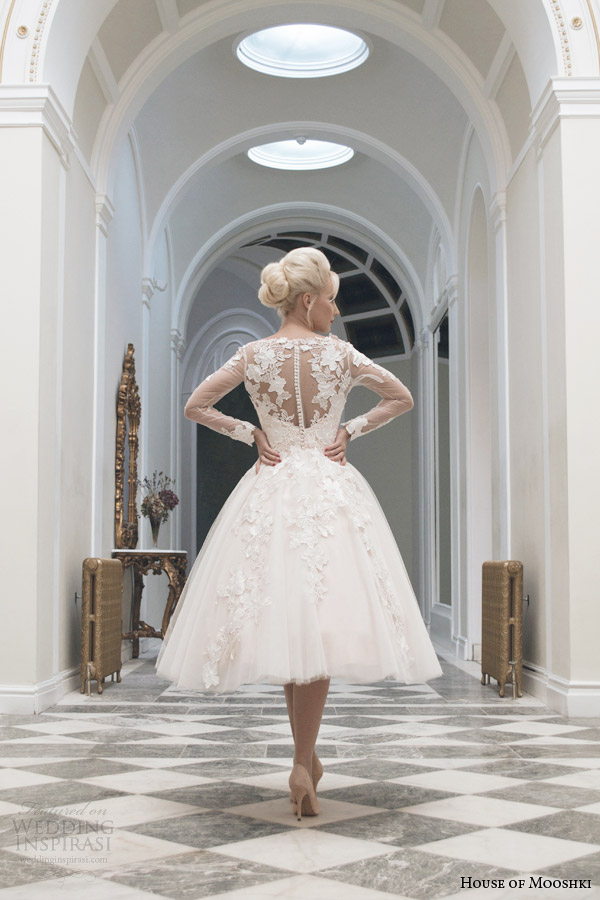 house of mooshki tea length wedding dress fall 2014 charlotte long sleeve gown illusion back view