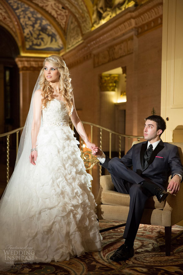 real wedding inspiration big city chicago bride groom portrait indoor palmer house