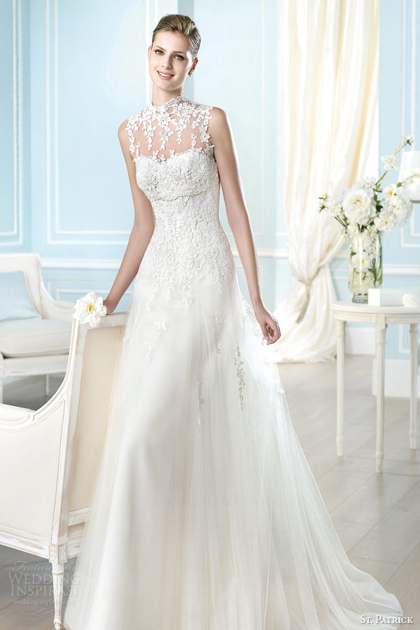 st patrick bridal 2014 hakem sleeveless wedding dress illusion neckline