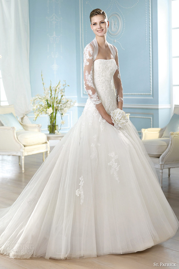 st patrick wedding dresses 2014 halivert gown shrug three quarter illusion sleeves