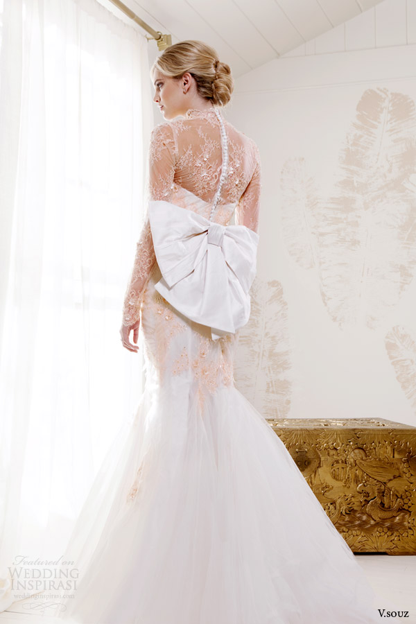 v souz 2014 bridal grace kelly wedding dress mermaid skirt peach lace bow back