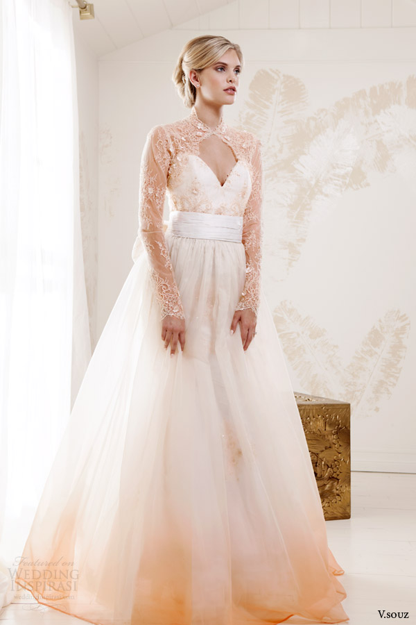 v souz bridal 2014 grace kelly long sleeve peach lace wedding dress princess line skirt